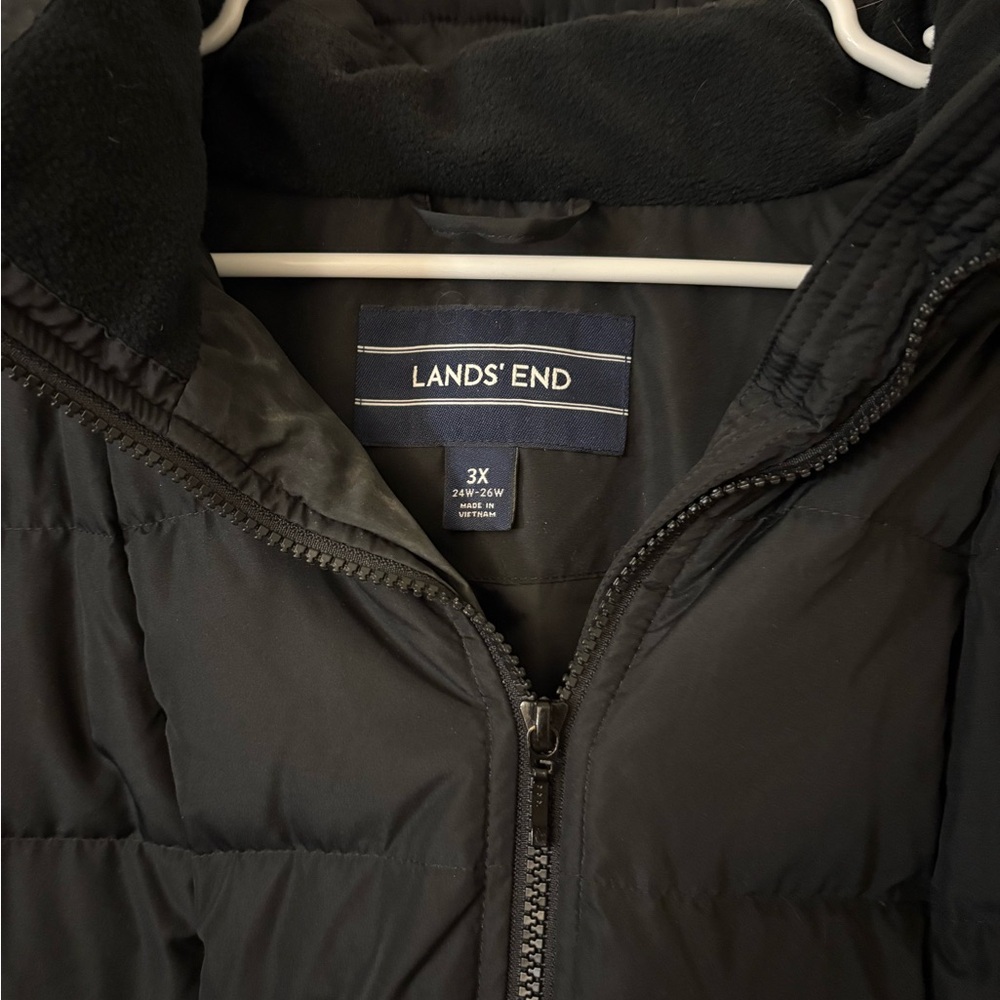 Lands' End Long Black Thick Puffer Jacket Plus Size 3X with Removable Hood - Picture 2 of 4